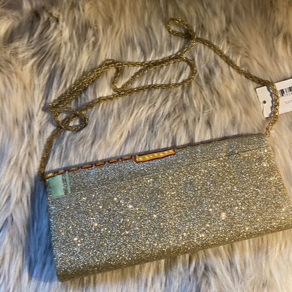 Lina Labella Platino Baby Gold Glitter Clotch Bag with strap - Picture 10 of 11